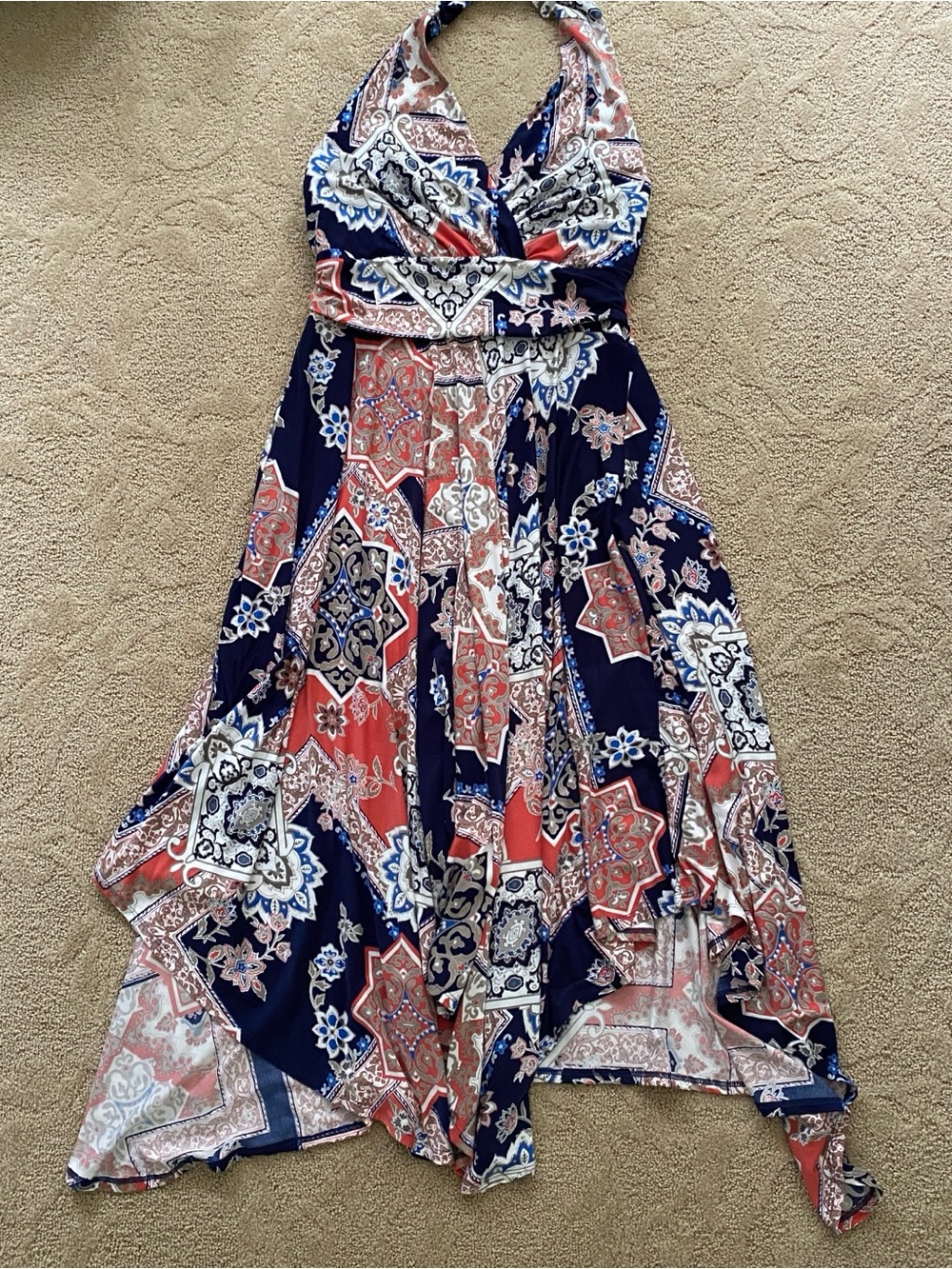 Soma Halter Dress Size Medium Printed Hem Padded Beachy Boho Midi Vacation